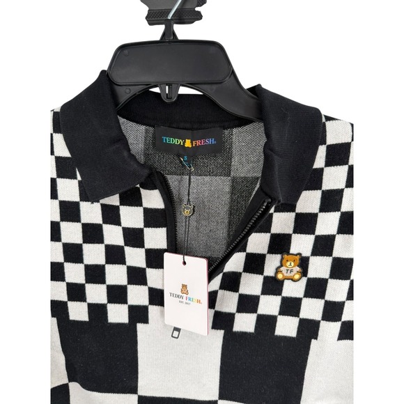 Teddy Fresh Knit Polo Men's Black & White Small Check Clash Sweater NWT - Picture 3 of 8